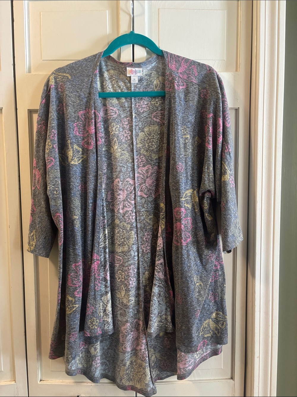 LuLaRoe Gray Open Floral Cardigan with Pink & Yellow Accents